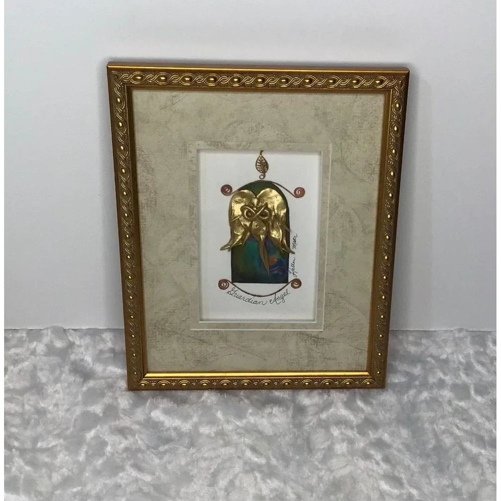 Guardian Angel Mixed Media‎ Framed Wall Art Gold Tone Signed by Katherine Moser